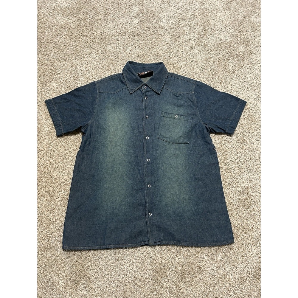 Vintage Biker Design Button Up Shirt Mens Large‎ Blue Denim Snap Button Outdoor